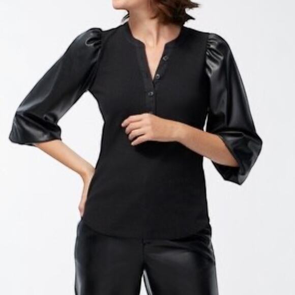 Chico's Faux Vegan Leather Puffed Sleeve Mixed Media Henley Top Blk Sz 2 Large - Picture 1 of 8